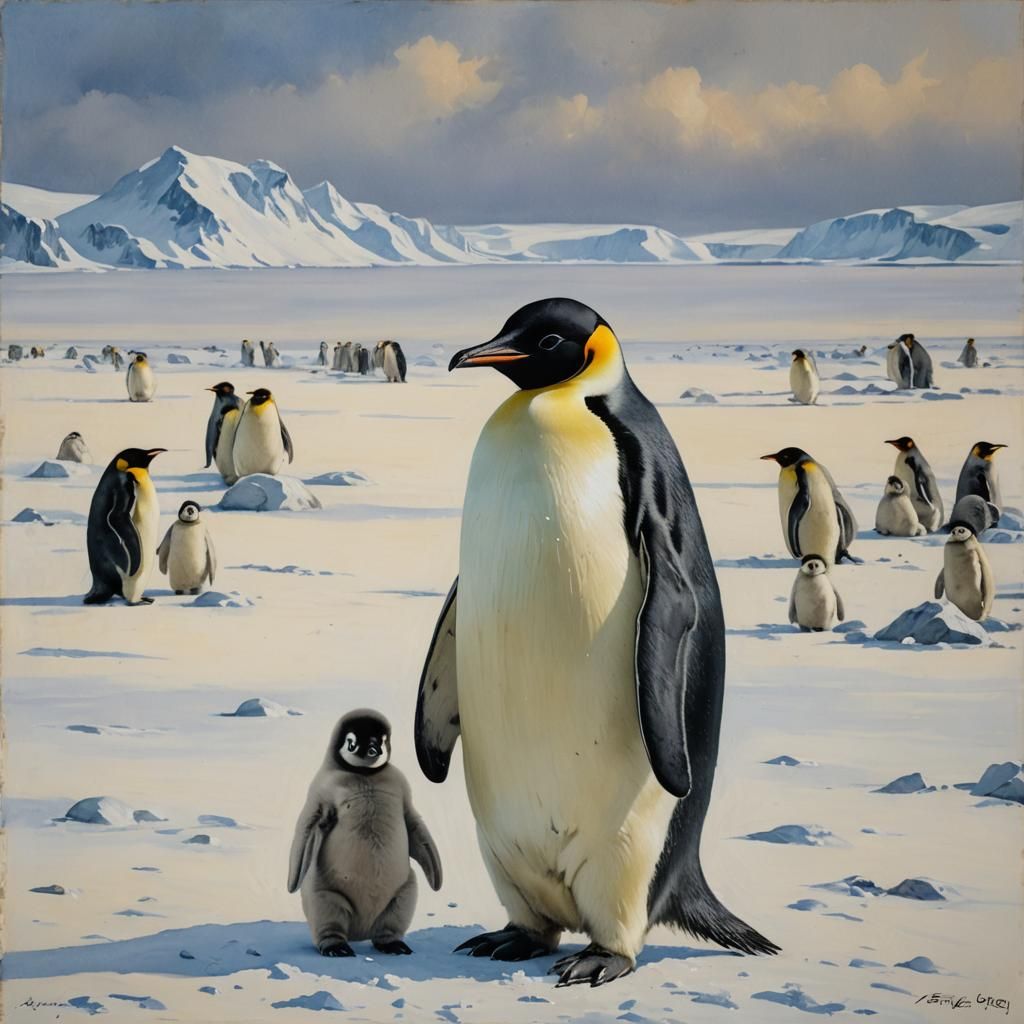 Emperor Penguin and Chick as Oil Painting