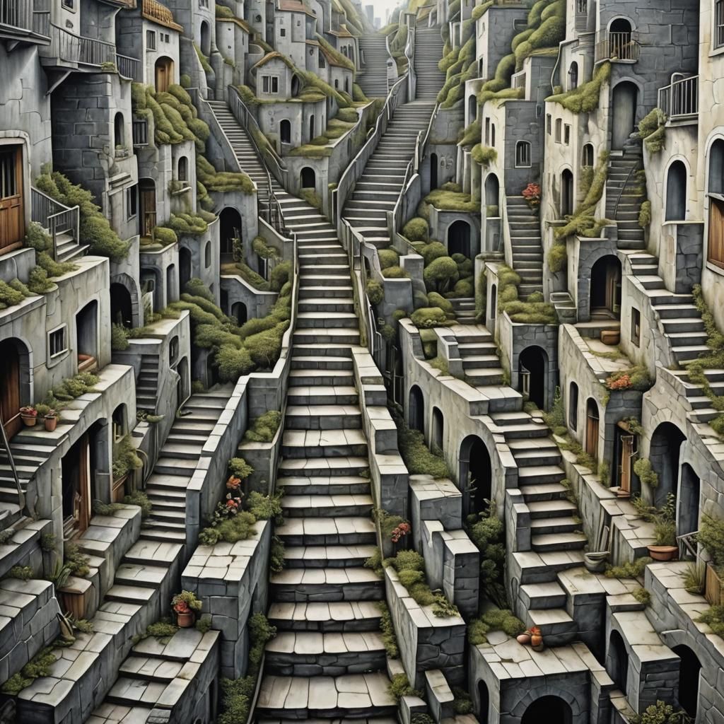 Surreal Staircase Illusion in Hyperdetailed Style