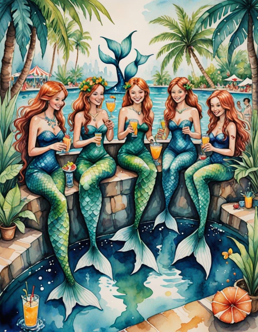 Mermaids Enjoy Tropical Cocktails at Swim-Up Bar