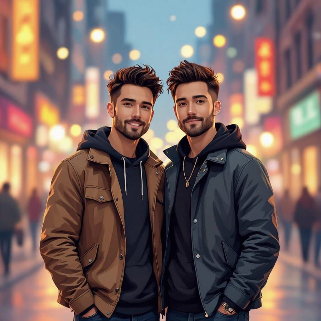 Gay Men in Vibrant Cityscape: Manga Pop Art Fusion