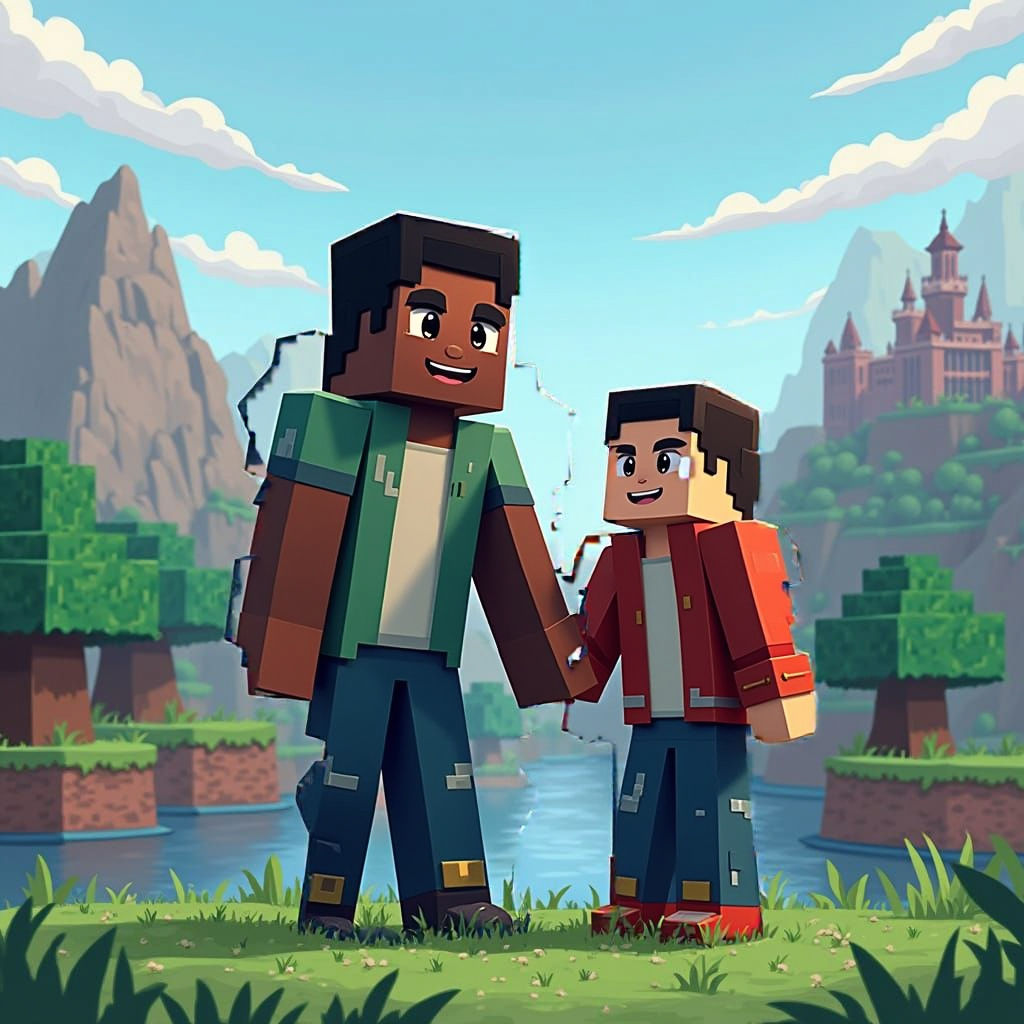 Minecraft Scene with Distant Father and Son in Blocky Landsc...