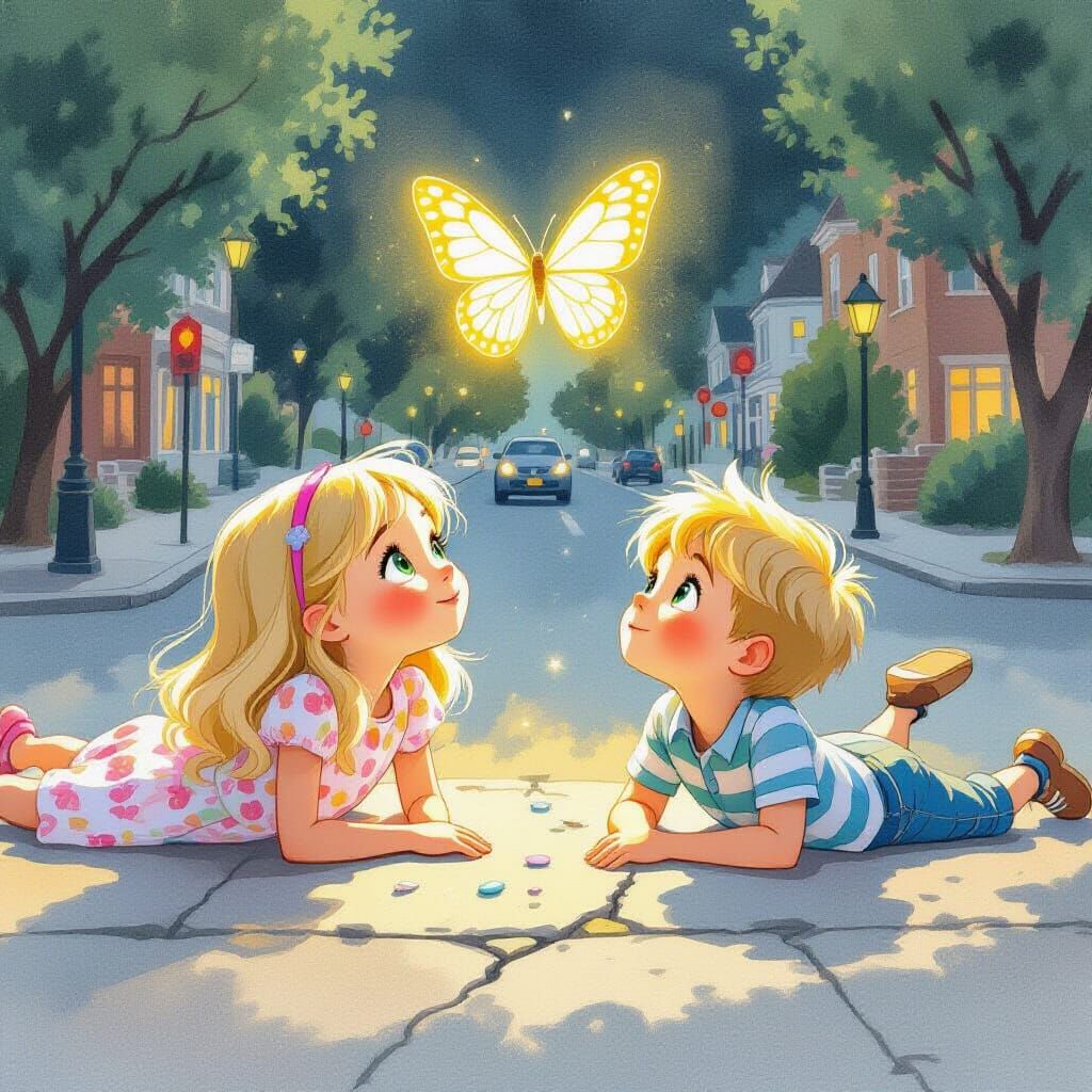 Children Gaze at Butterfly in Dreamy Watercolor Style