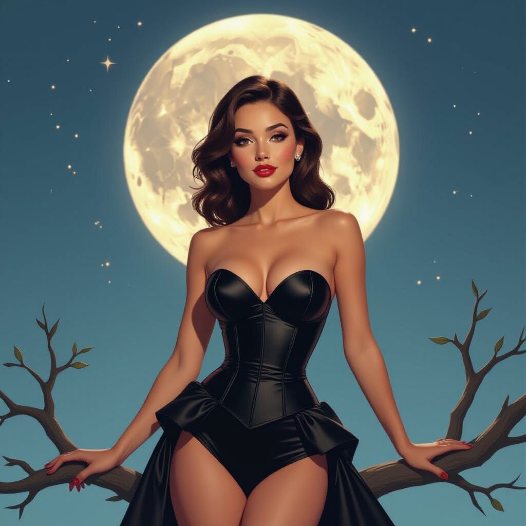 Cyberpunk Woman in Black Corset Under Moonlight