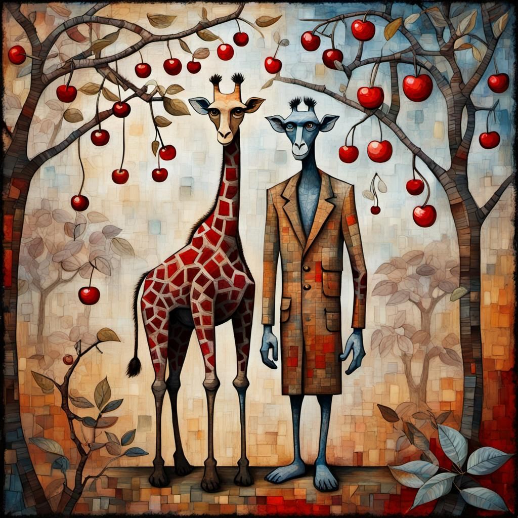 Jungle Giraffe and Monkey in Art Brut Style