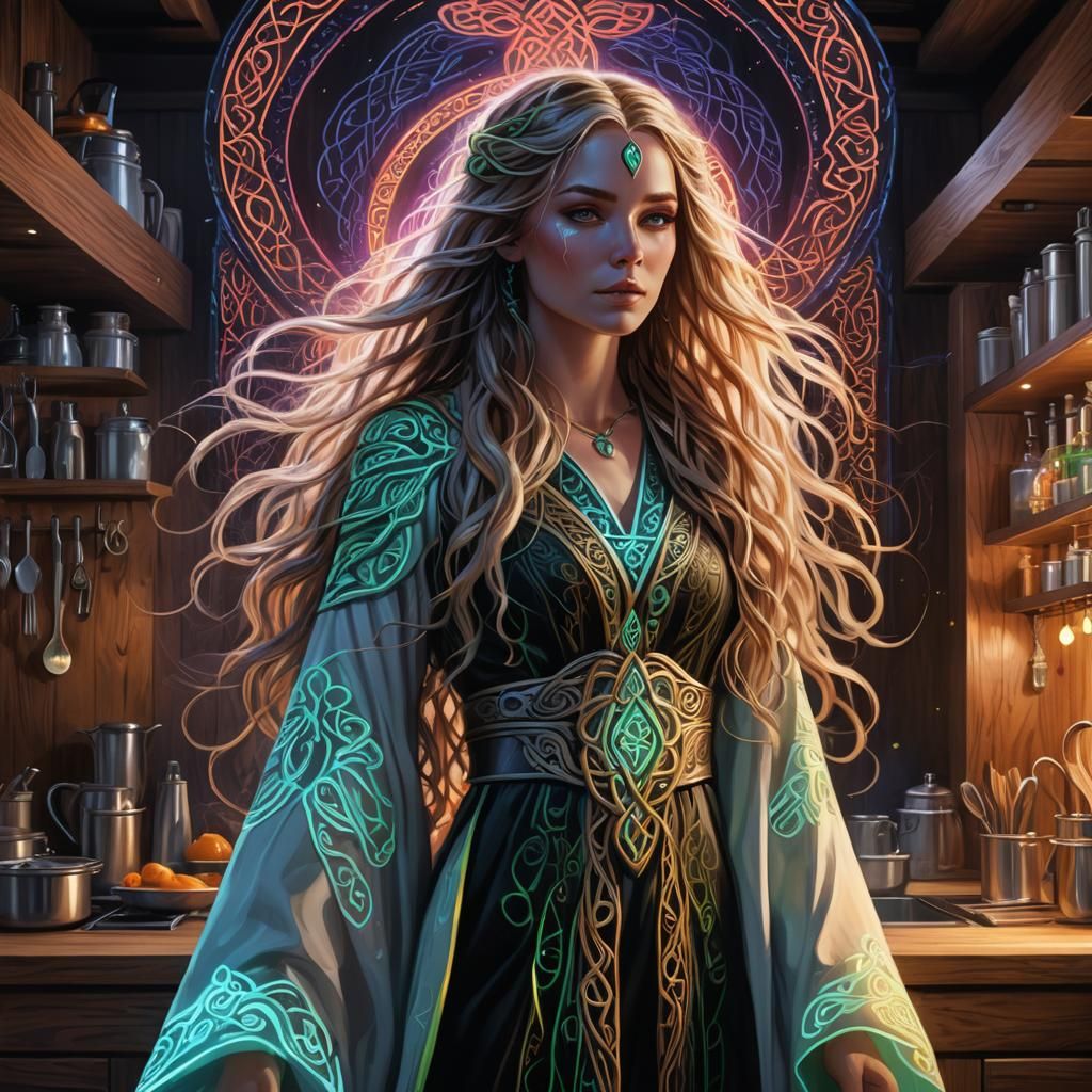 Celtic Goddess in Modern Kitchen with Neon Accents