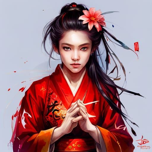 Anime Geisha Samurai Princess in Red Kimono