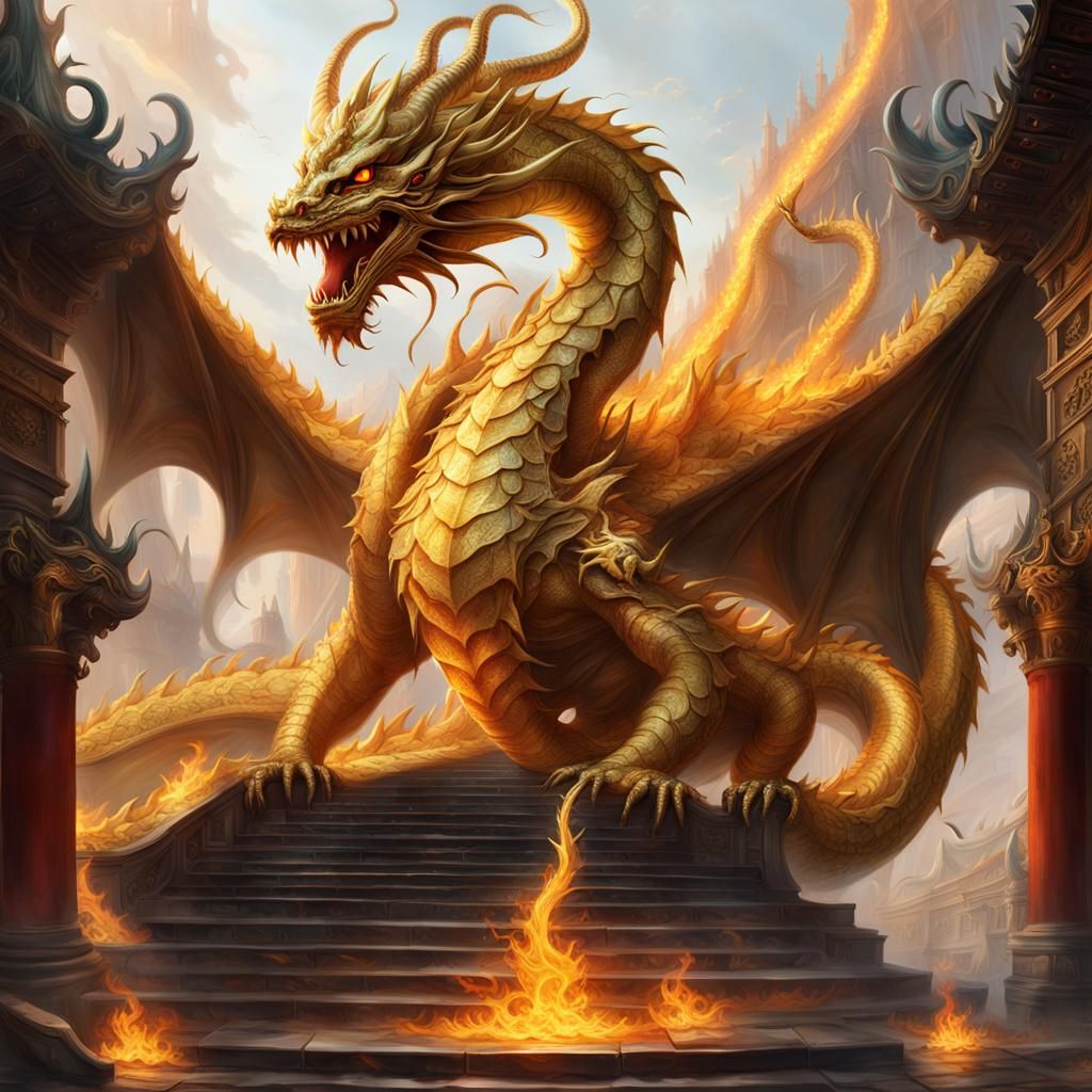 Golden Dragon's Fiery Dance in Ethereal Light