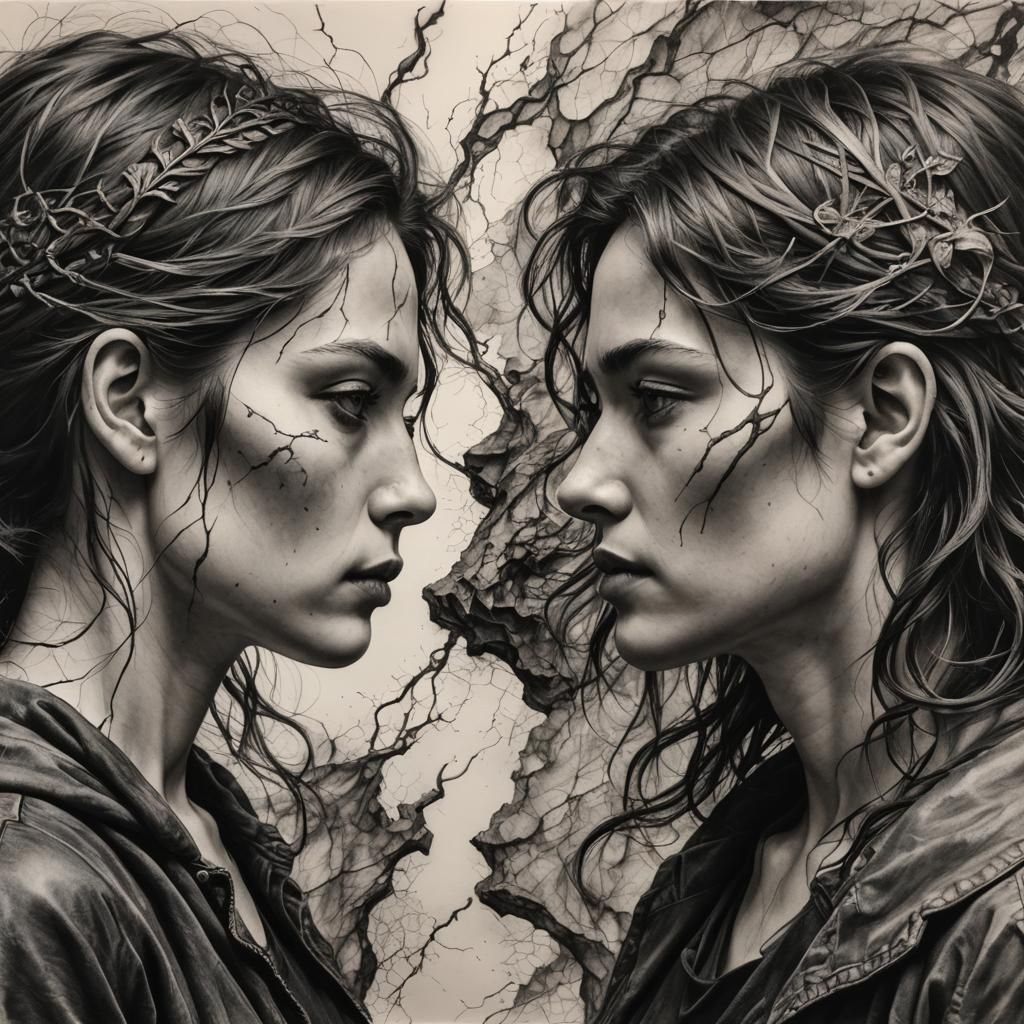 Duality Between Men and Women: Charcoal Drawing