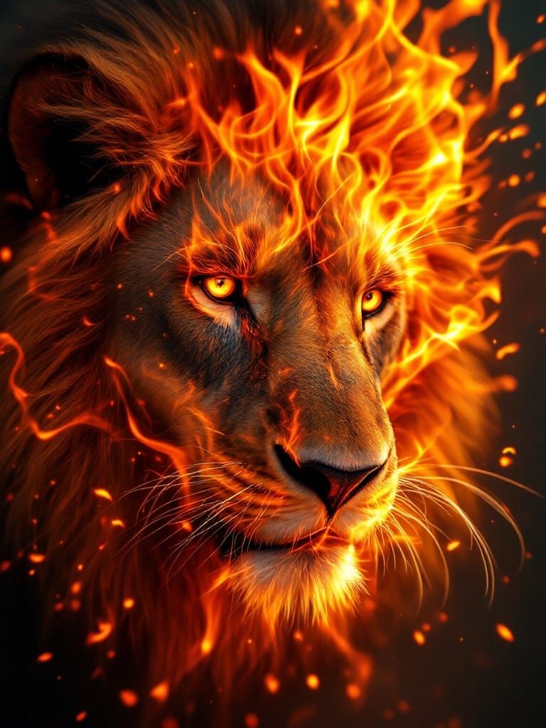 Lion's Head Engulfed in Crimson Flames: Digital Painting