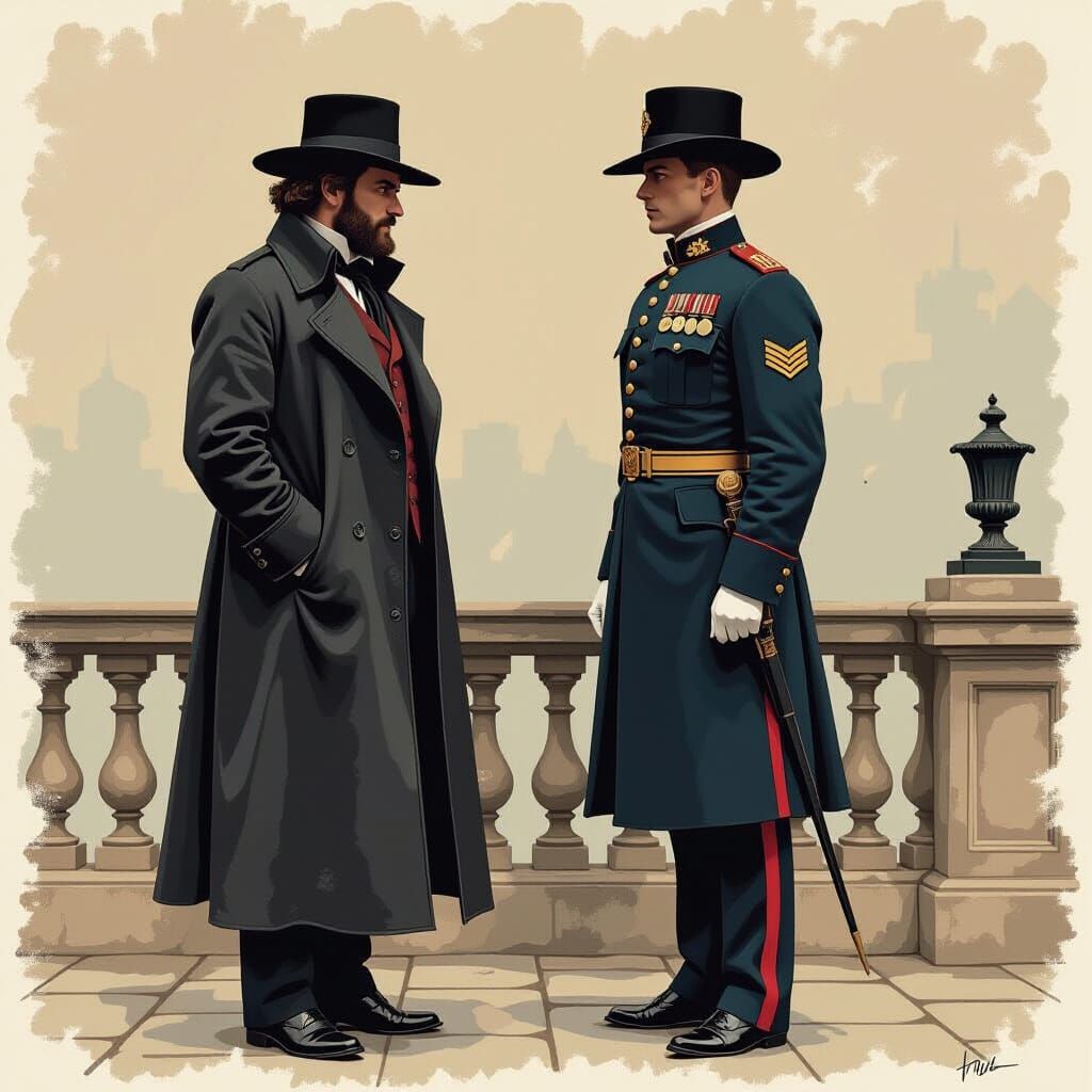 Valjean and Javert in Detailed Gouache Painting