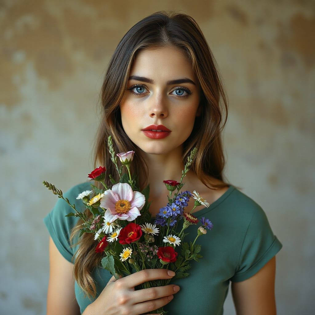 Woman with Wildflowers in Waterhouse Style