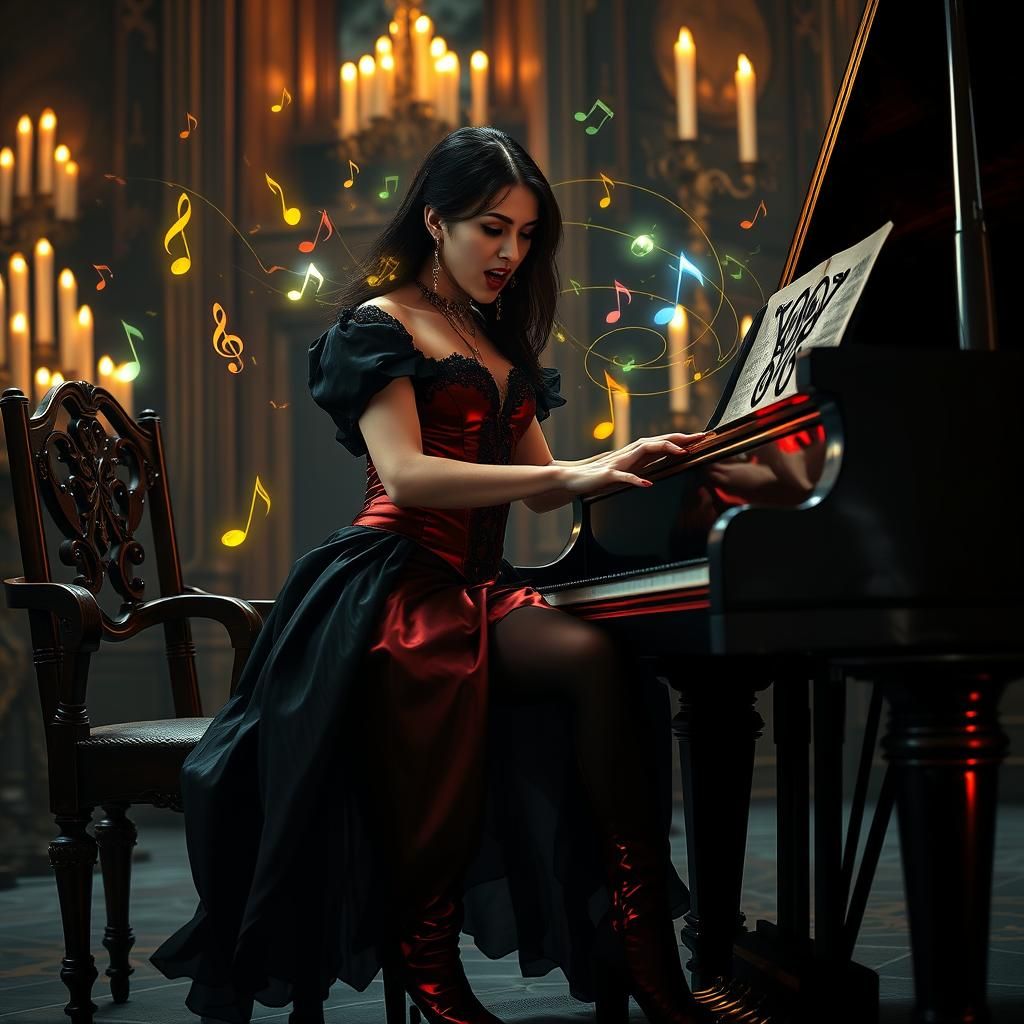 Vampire Woman Plays Piano in Dark Fantasy Style