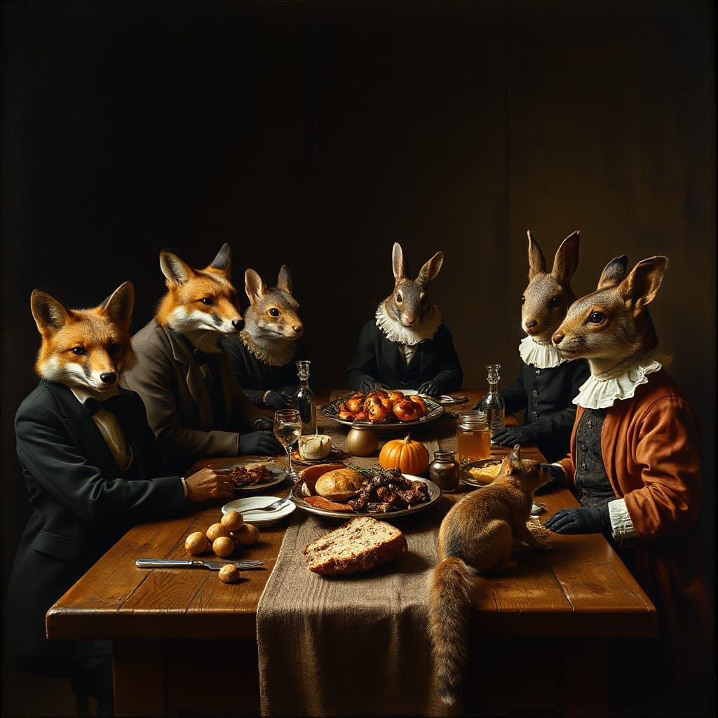 Caravaggio-Style Feast with Dressed Forest Animals