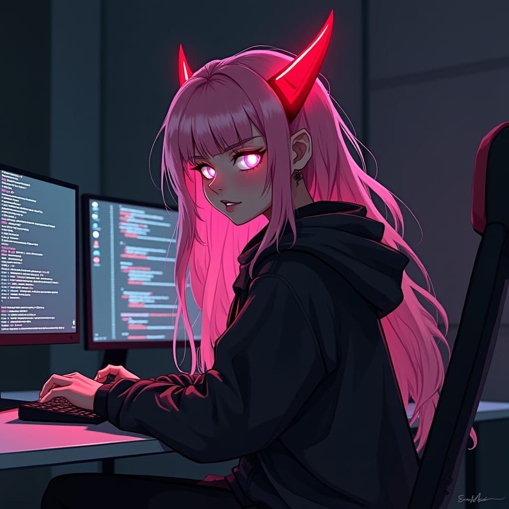 Cyberpunk Coder Girl with Pink Hair and Red Horns