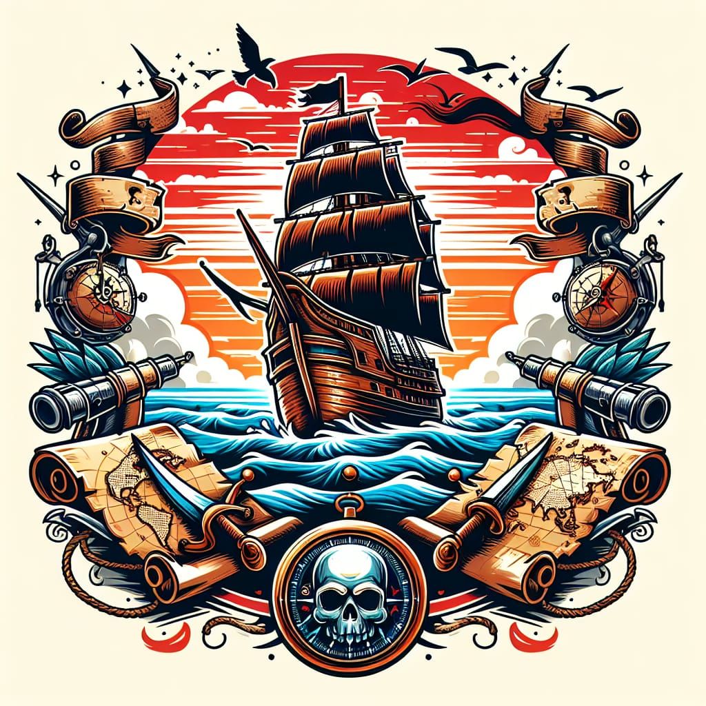 Pirate Ship Cruise Logo at Sunset in Comic Art