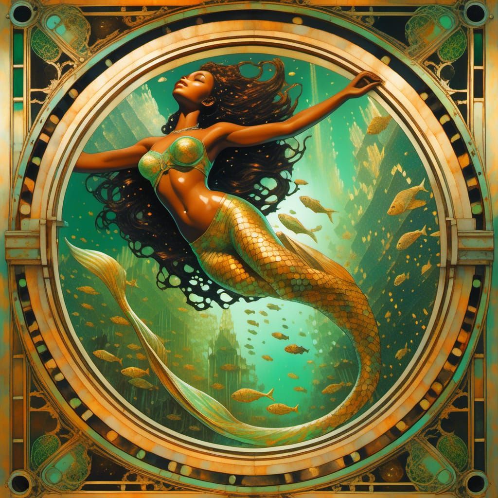 Exotic Mermaid in a Neon Fractal Aquarium