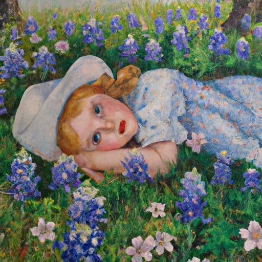 Girl in Bluebonnet Field: Oil Painting