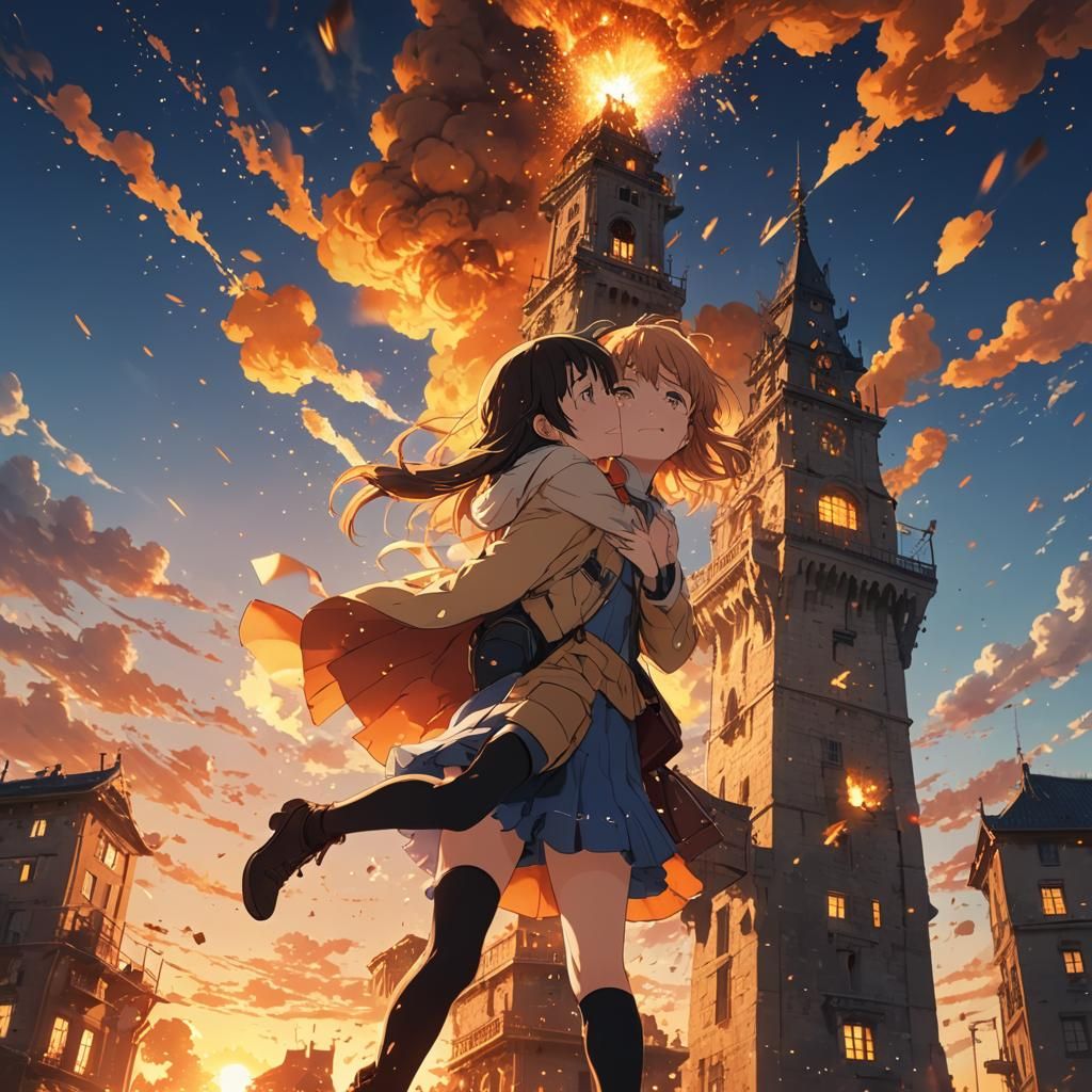 Anime Girls Kissing on Tower with Explosion