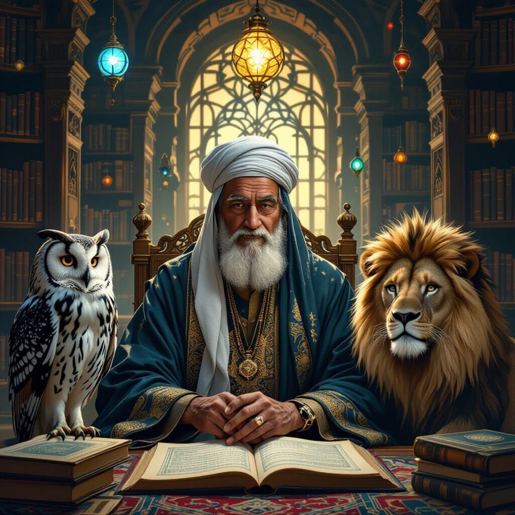 Islamic Scholar in Library with Mythical Creatures