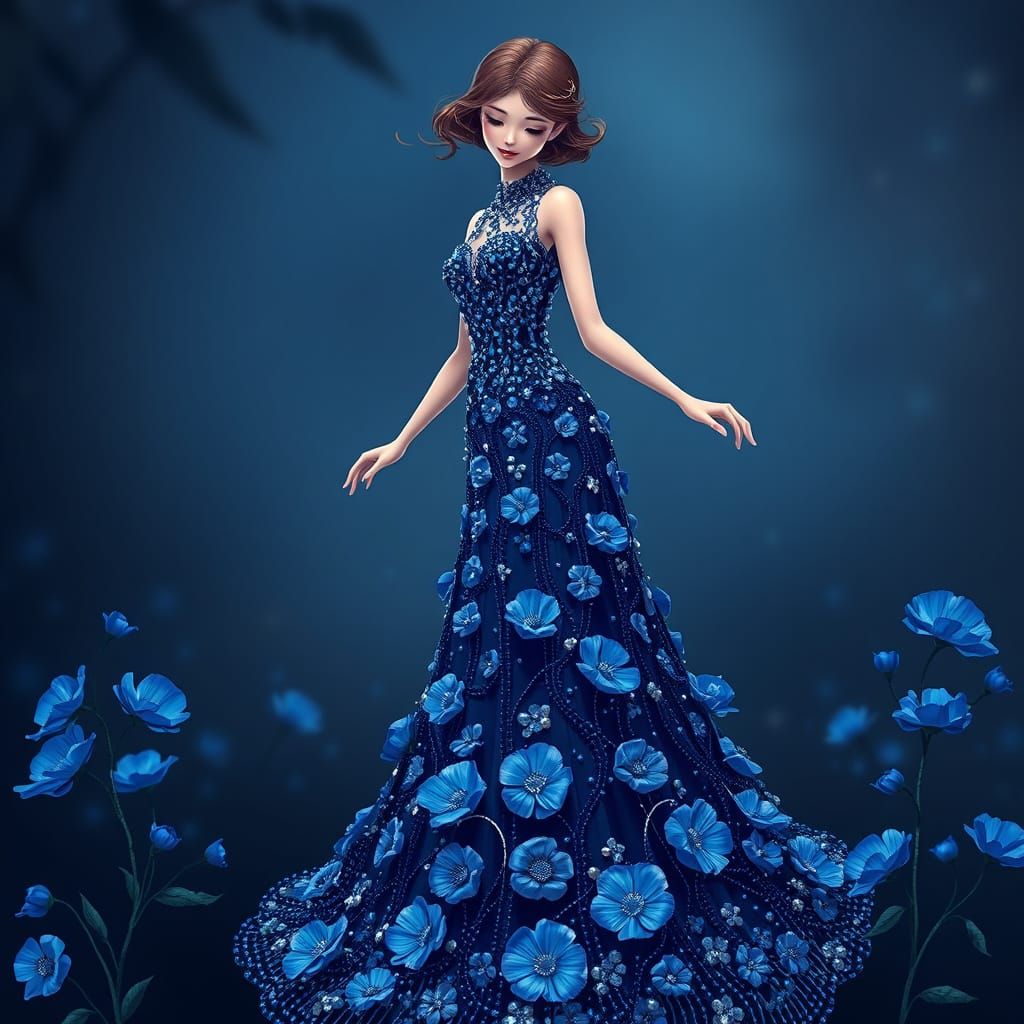 Beaded Poppies Gown in Anime Style, Midnight Garden