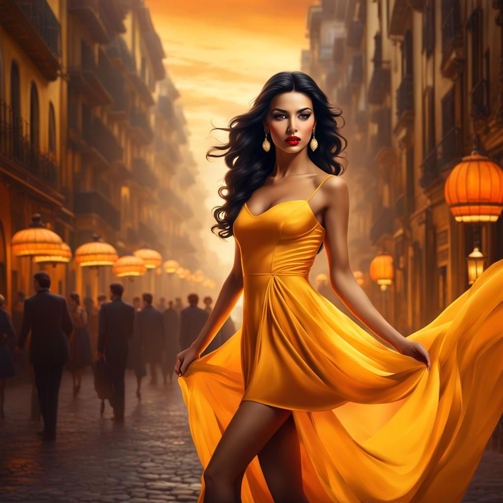 Elegant Spanish Woman in Yellow Dress Concept Art