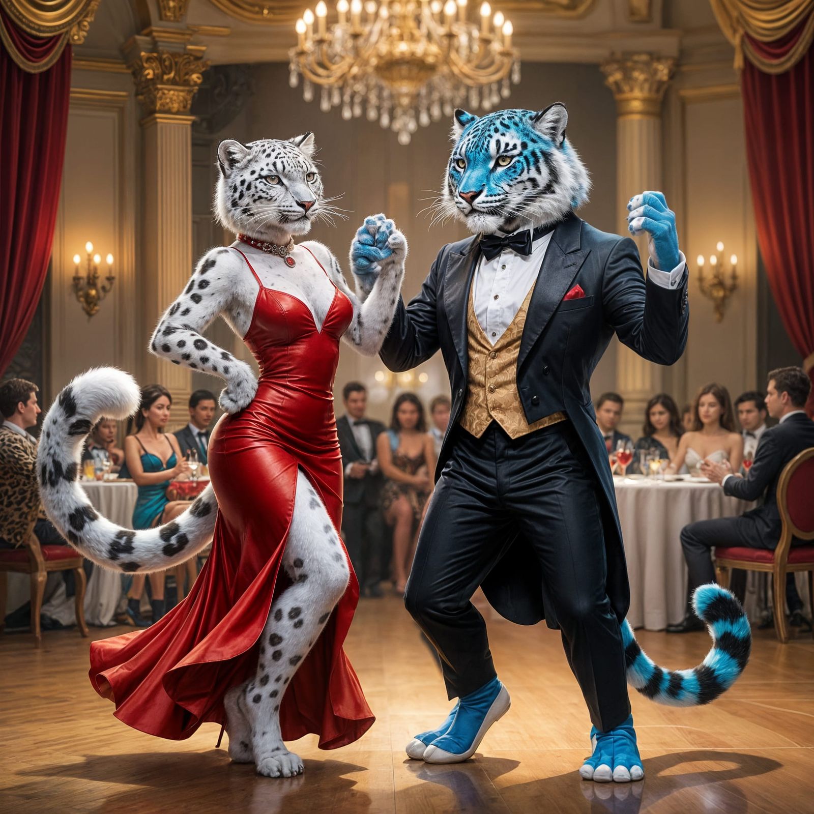Anthro Snow Leopard and Blue Tiger Dancing at Elegant Ball