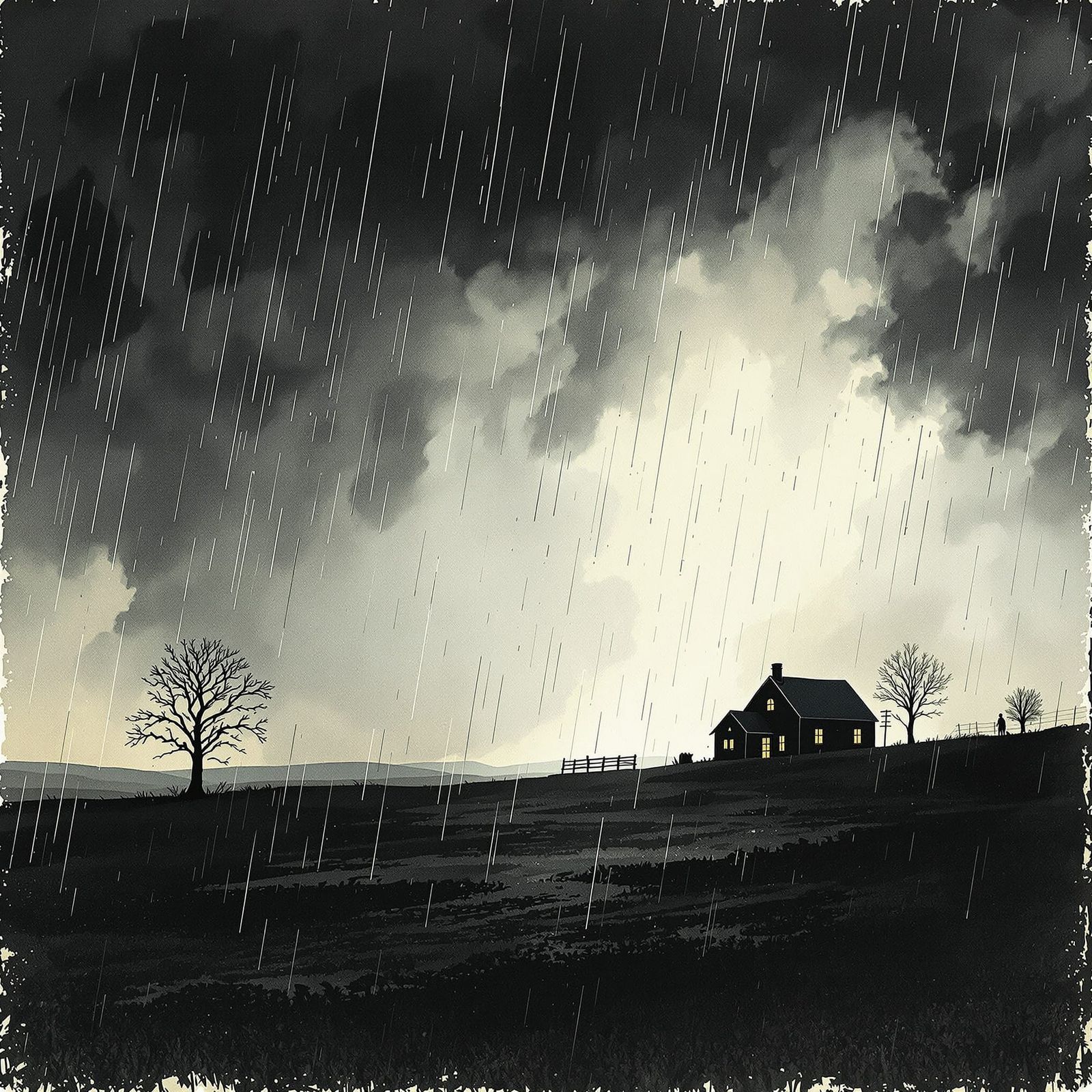 Farmhouse Silhouetted in Stormy Sky as Watercolor Art