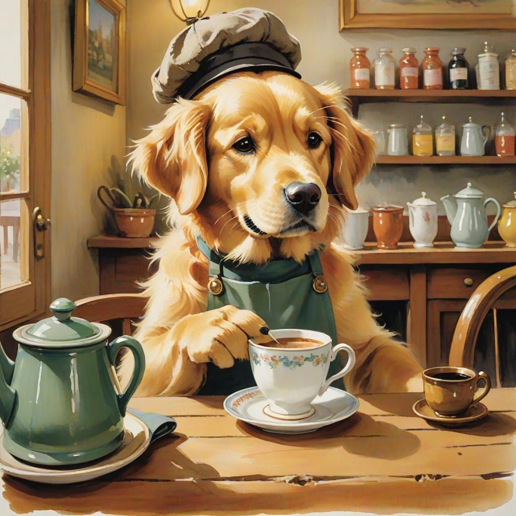 Golden Retriever Barista in Cozy Café