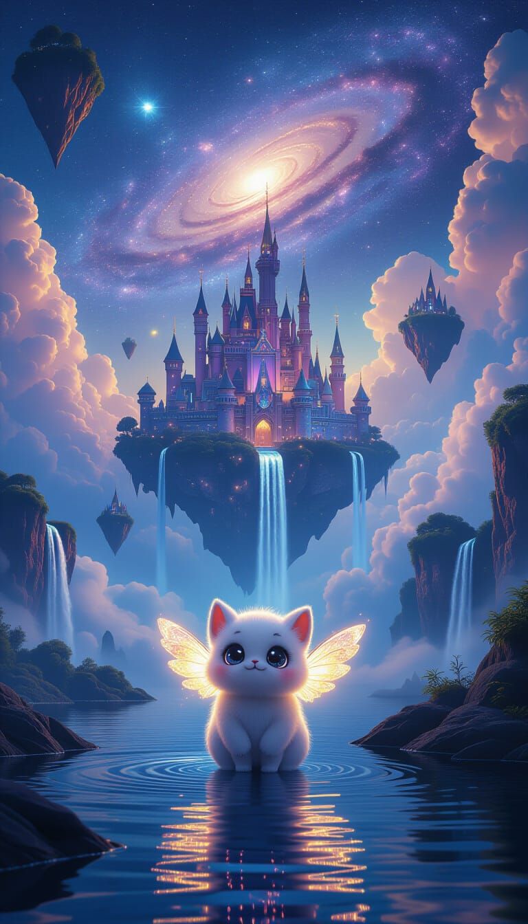 Dreamlike City in Clouds with Waterfalls & Galaxy Sky