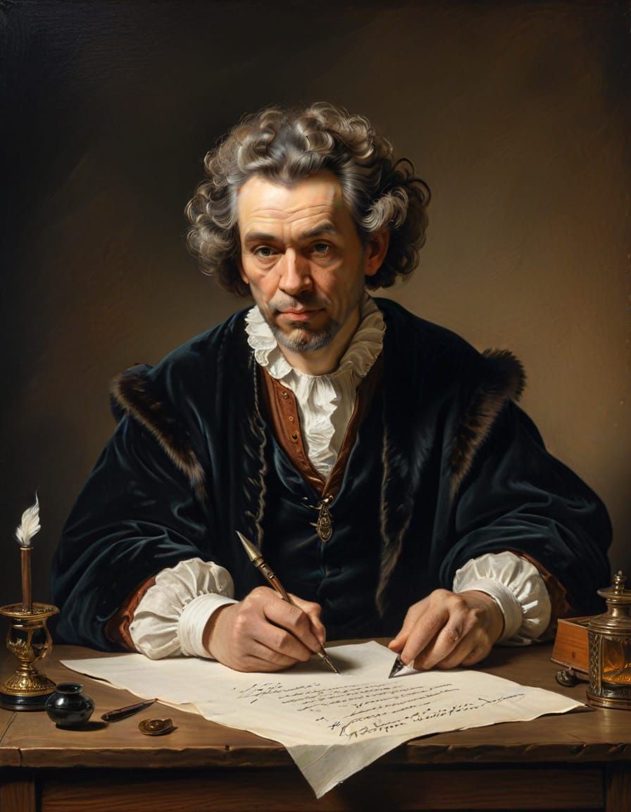 Man Writing with Quill Pen in Rembrandt Style