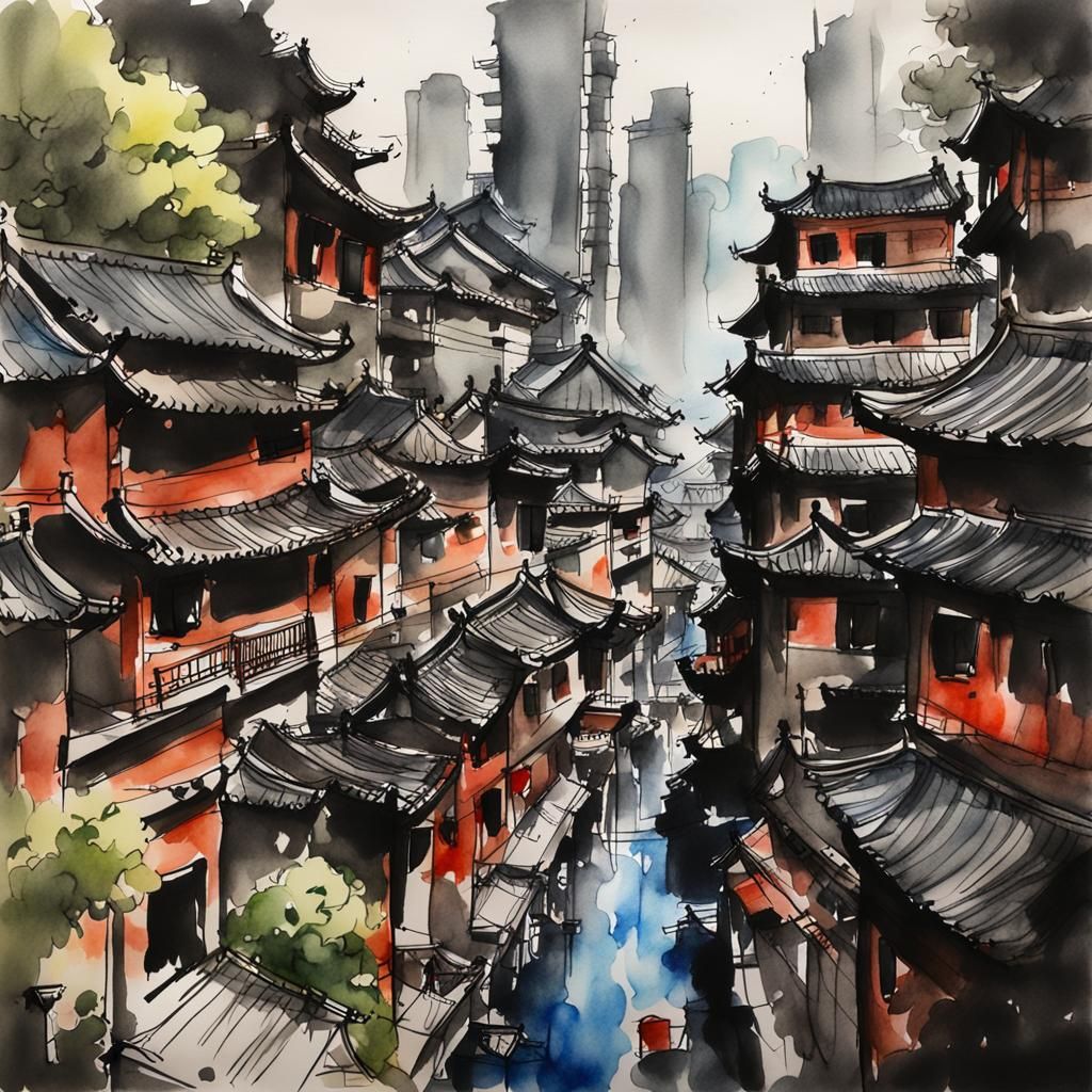 Urban Sketch in Ink, Watercolor, and China Painting