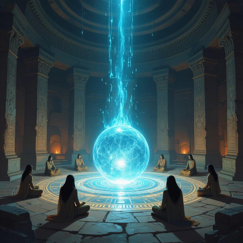 Ancient Temple Circle of Mechanics with Arcane Blue Light