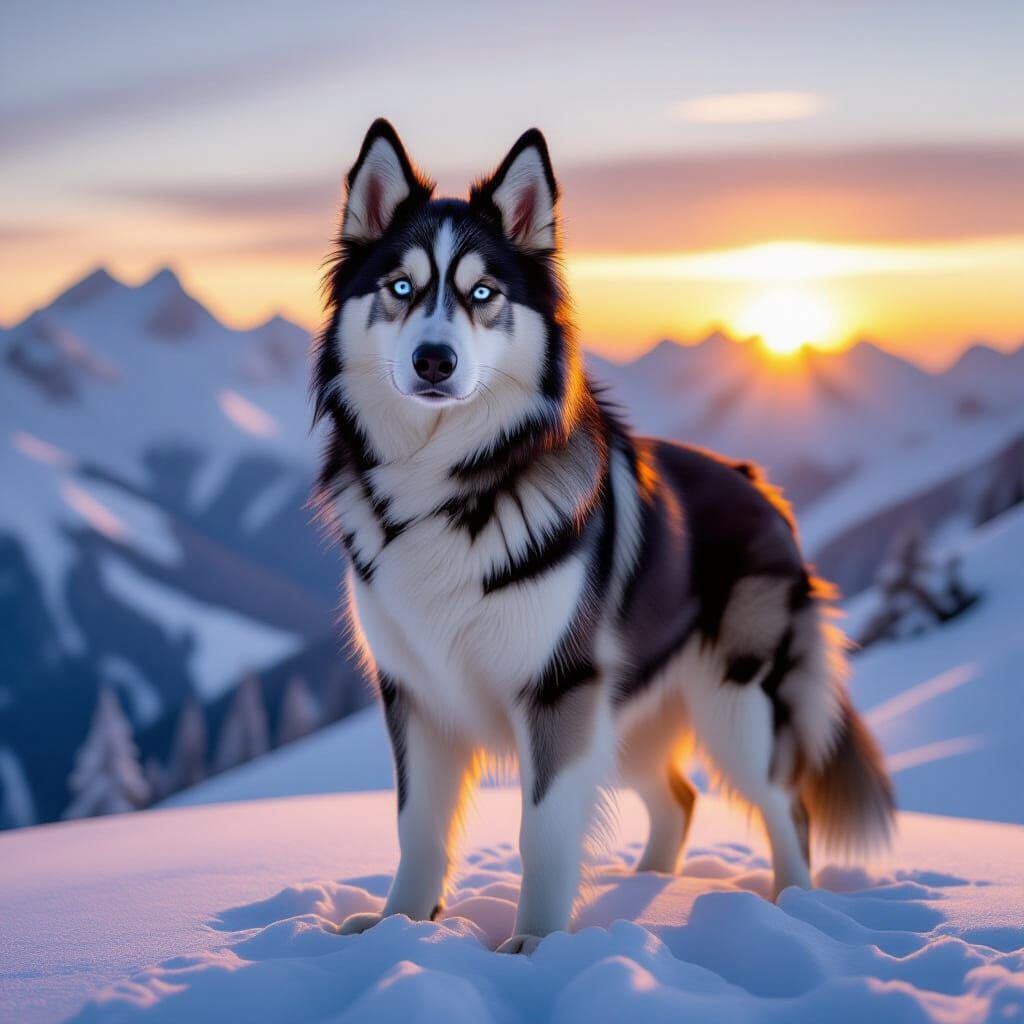 German Shepherd Husky Hybrid on Snowy Mountain Peak