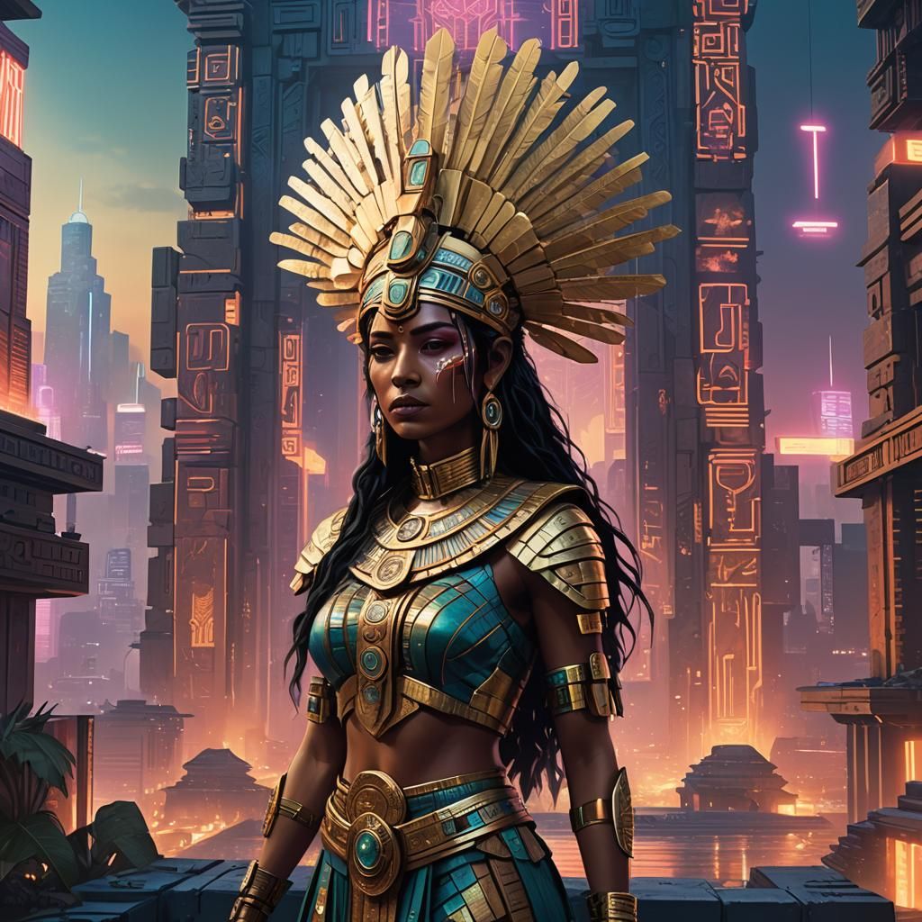 Cyberpunk Goddess Emerges from Tenochtitlan Ruins