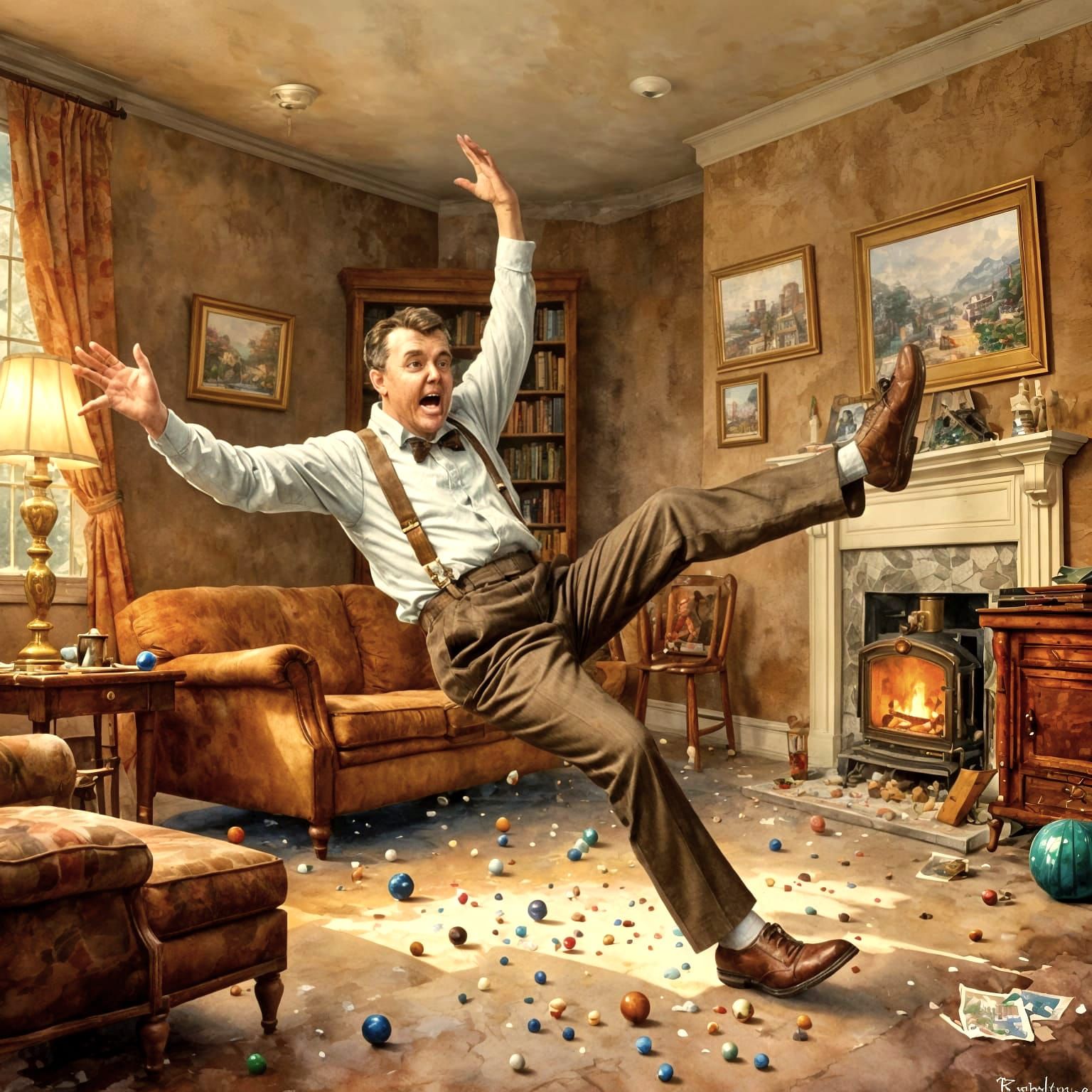 Man Slips on Marbles in Rockwell-esque Illustration