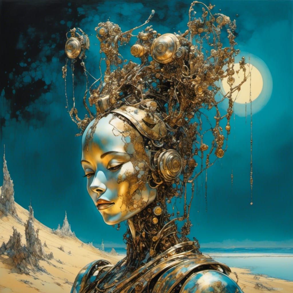Robotic Geisha in Surreal Desert Landscape