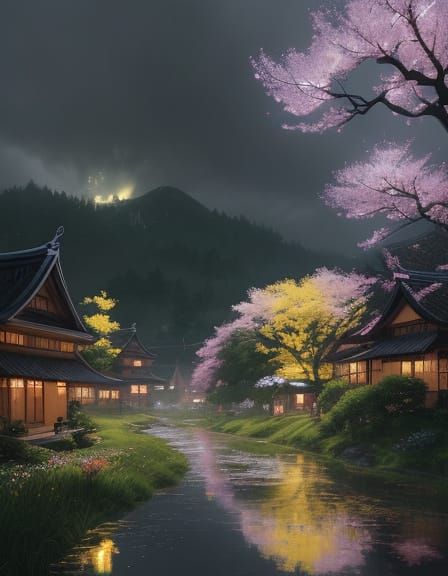 Idyllic Village in Rainy Season, Sumi-e Style