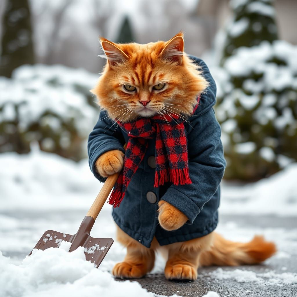 A cat shoveling snow from a driveway, wearing a heavy winter coat and scarf.