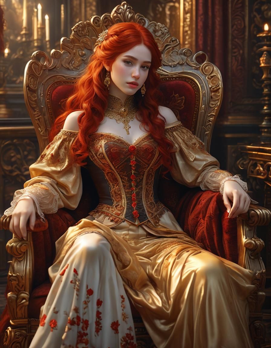 A beautiful ginger girl sitting in an ornamental chair