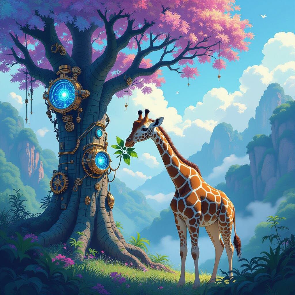 Steampunk Giraffe Grazing in Bioluminescent Anime Valley