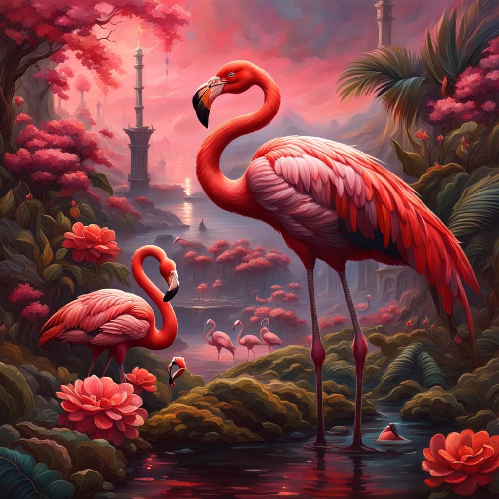 Flamingo Feast in Mixed Media Oil Painting