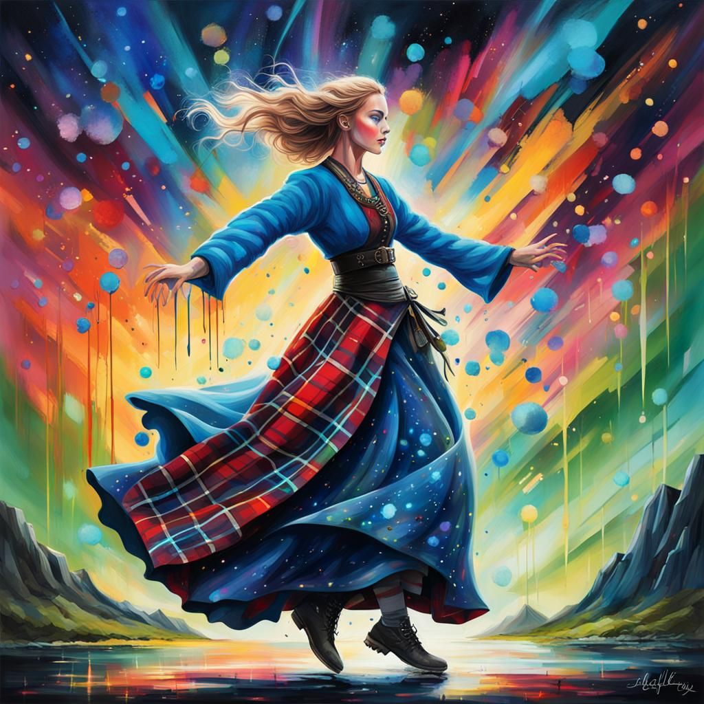 A graceful woman with piercing blue eyes, adorned in traditional tartan gown, dancing under the aurora borealis in the S...