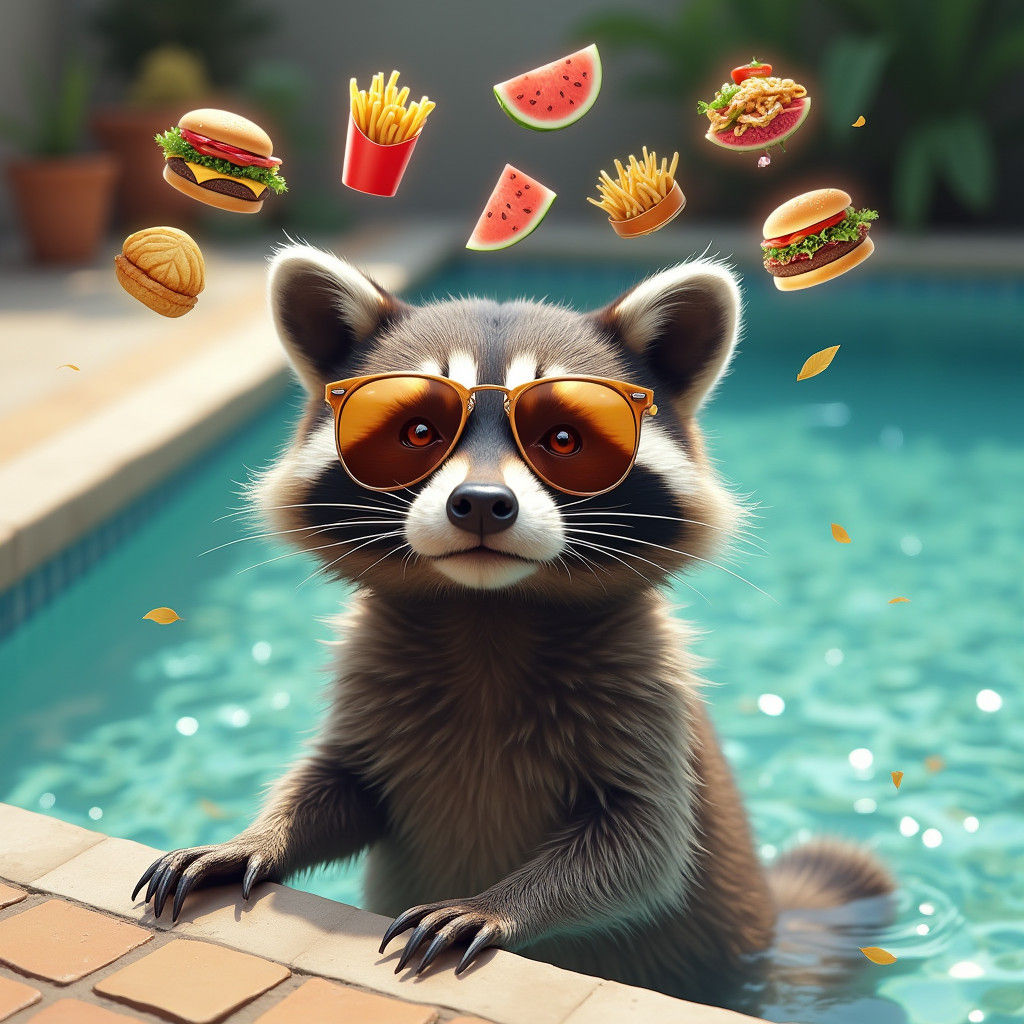 Raccoon Lounging Poolside Dream, Photorealistic