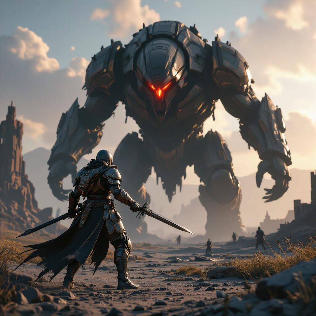 Armored Warrior Battles Colossal Boss in Ruined Landscape