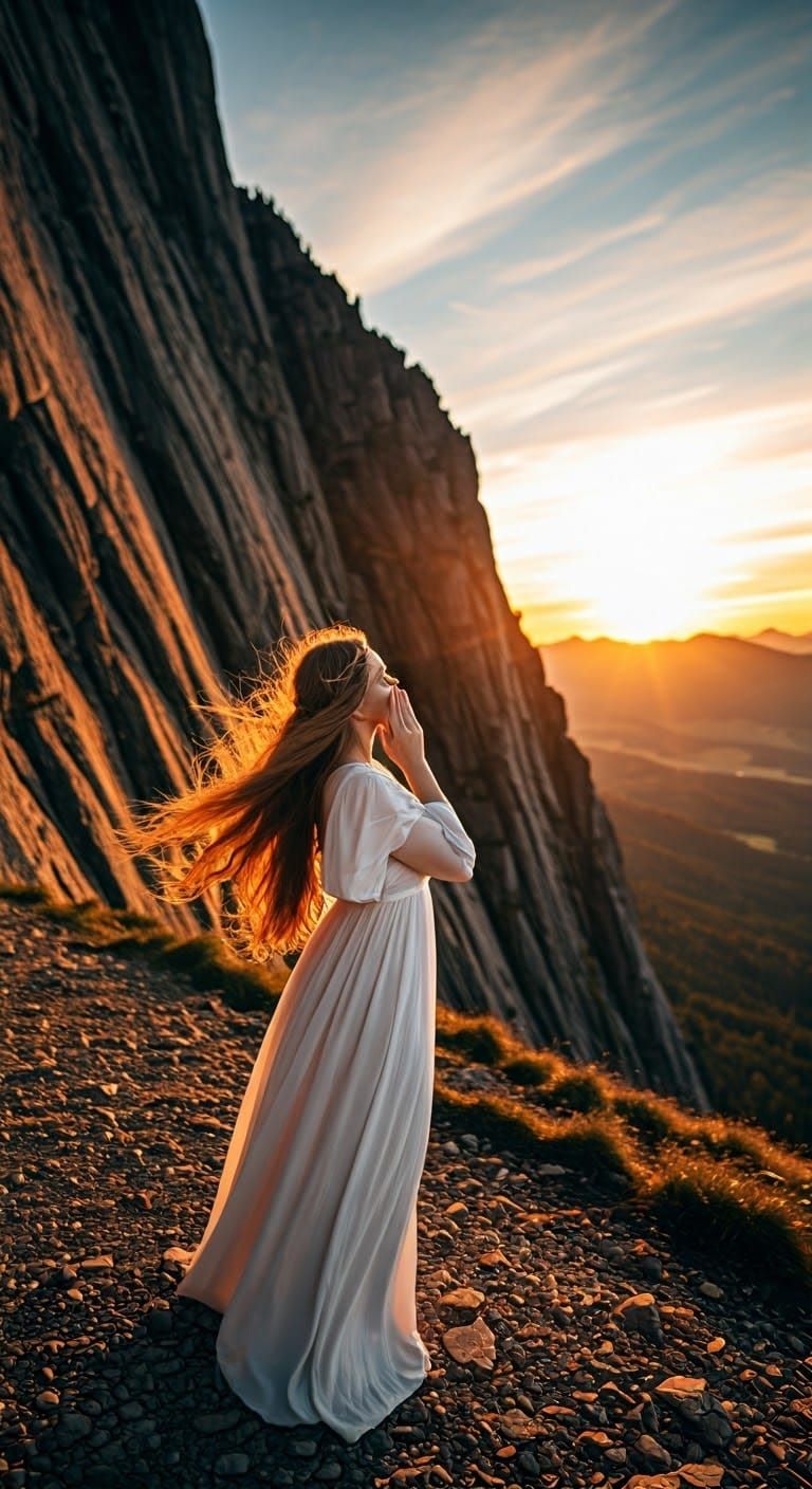 Dreamy Goddess Embracing a Majestic Mountain in Sunrise Glor...