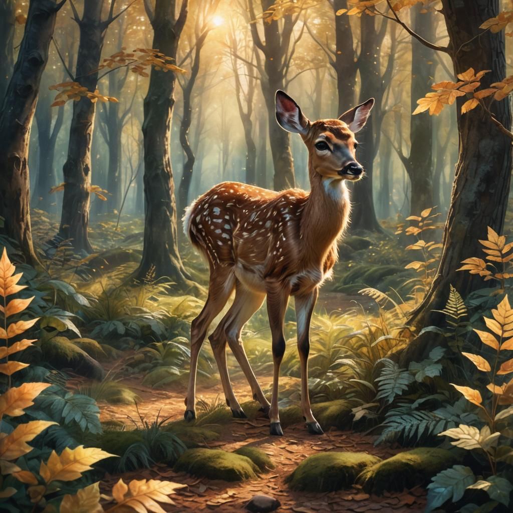 Glowing Fawn Runs in Mystical Forest, Watercolor Style