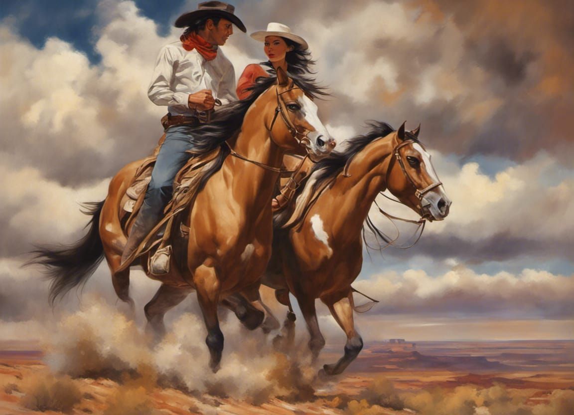 Billy-Bob and Bobby-Sue riding on pinto horses