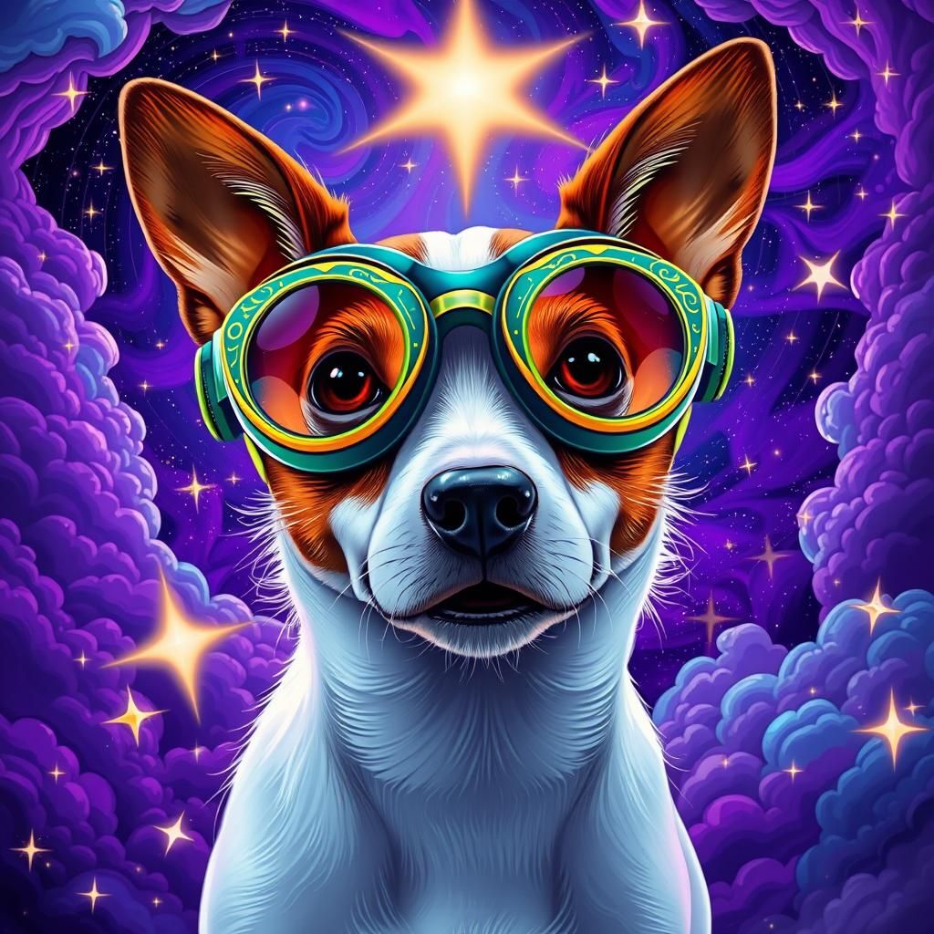 A jack russell dog wearing beetle
insectoid goggles