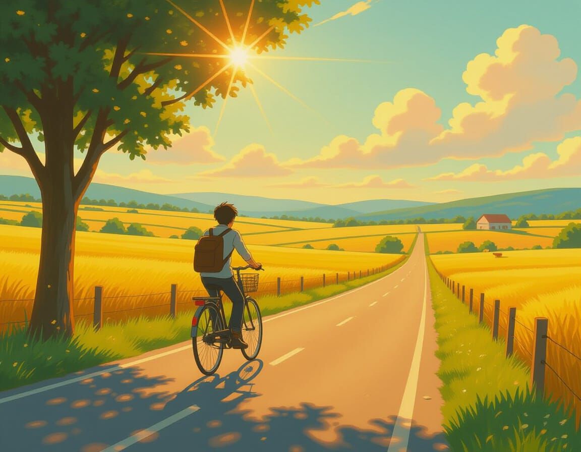 Man Rides Bicycle Through Golden Countryside