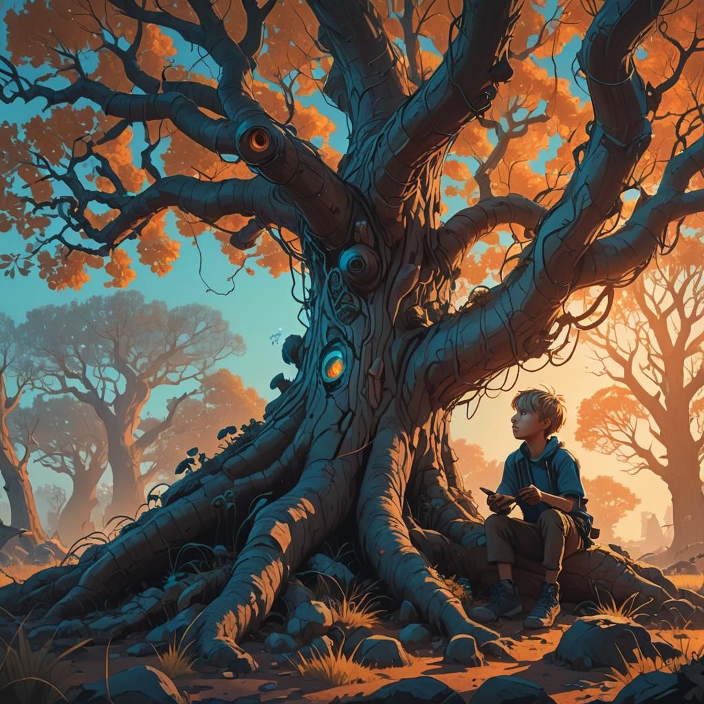 Boy Eats Exotic Animal Under Bioluminescent Tree